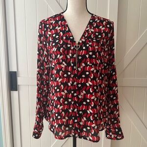 Express Floral Blouse Small Red Black V-Neck Heart Zipper Long Sleeve Top NWT